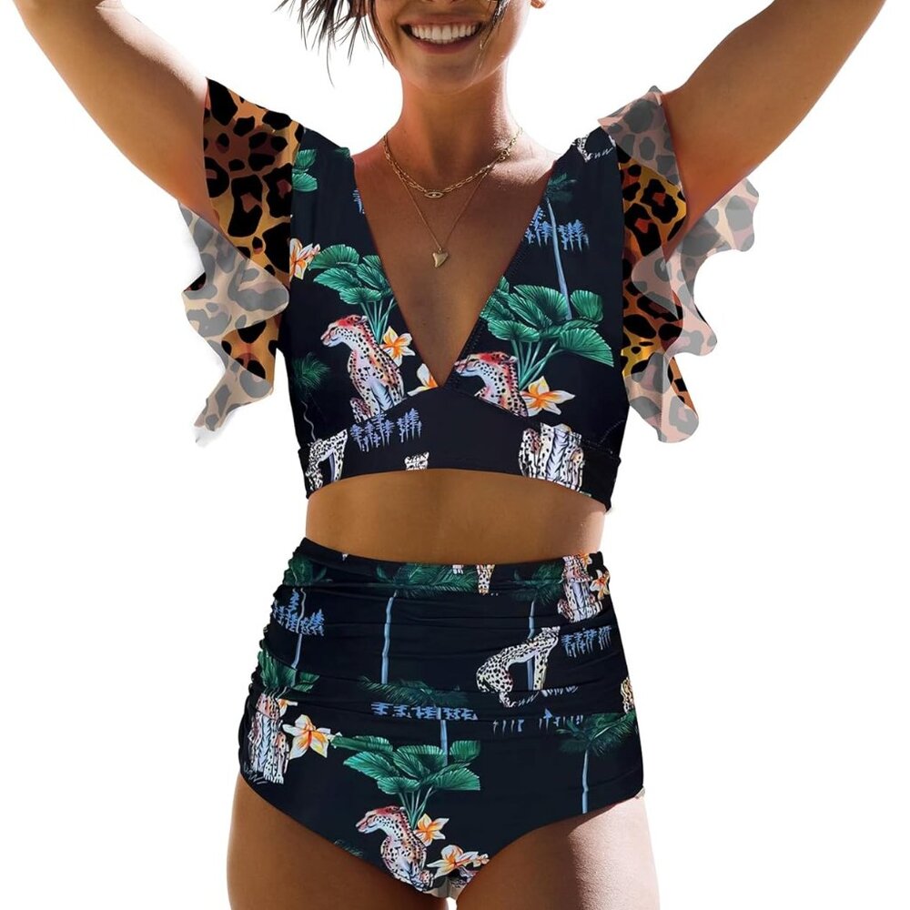 NWT SPORLIKE Women Ruffle High Waist Swimsuit Two Pieces Push Up Tropical Print